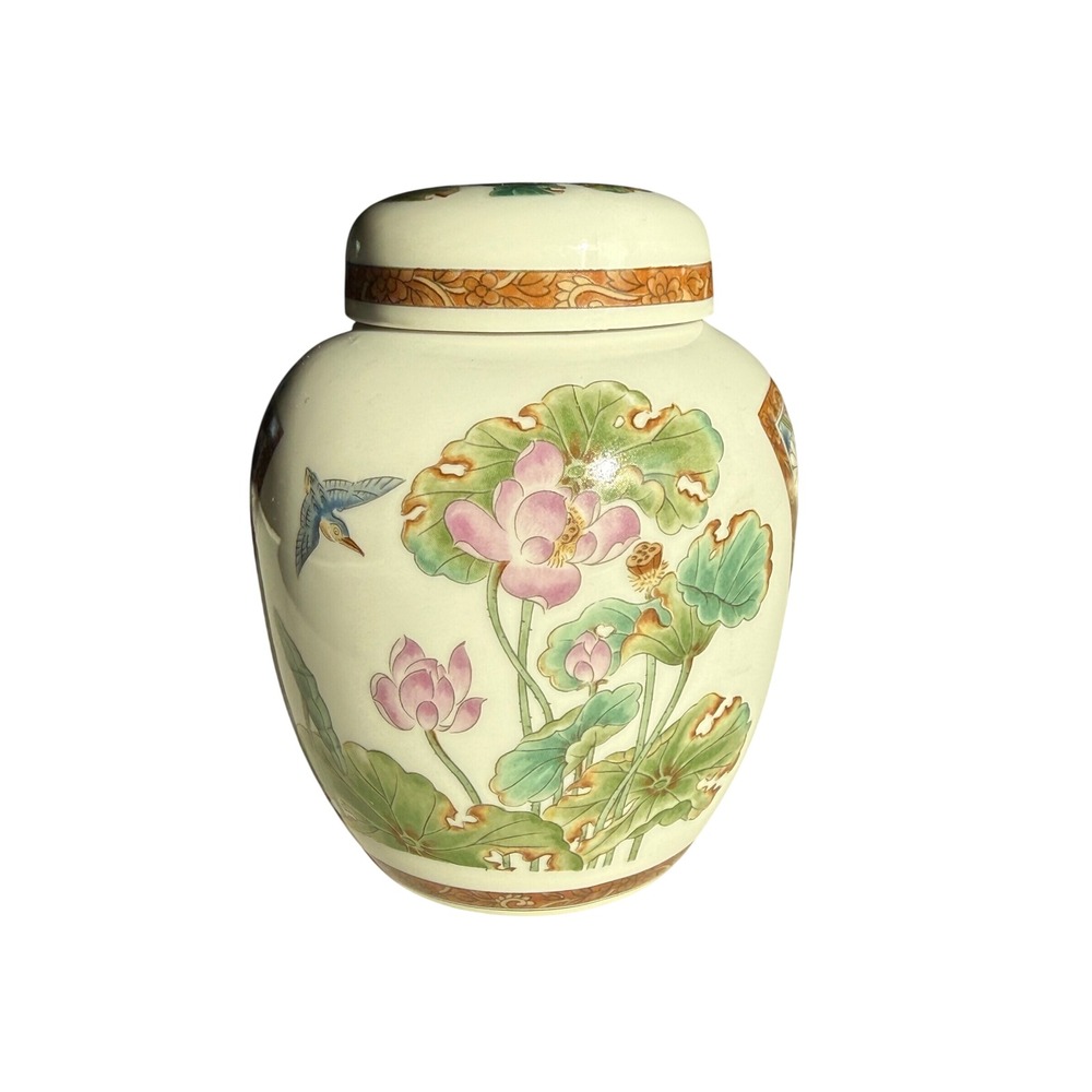 Trina Ginger Jar 4.5" Porcelain Lotus Kingfisher Bird Japan Floral Decor Vtg